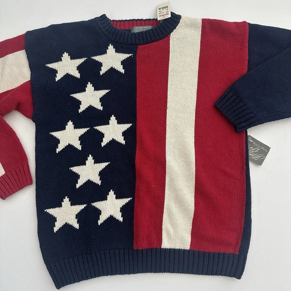NWT! VTG 90s Lord & Taylor Sweater Boys XL 20 Cotton Knit USA FLAG